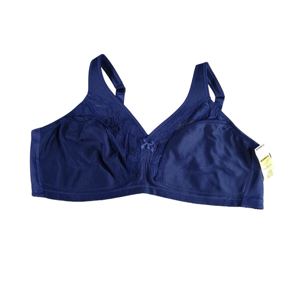 Glamorise Bra Womens 44D Navy Blue Unlined Lace Stretchy Cotton Blend NWT